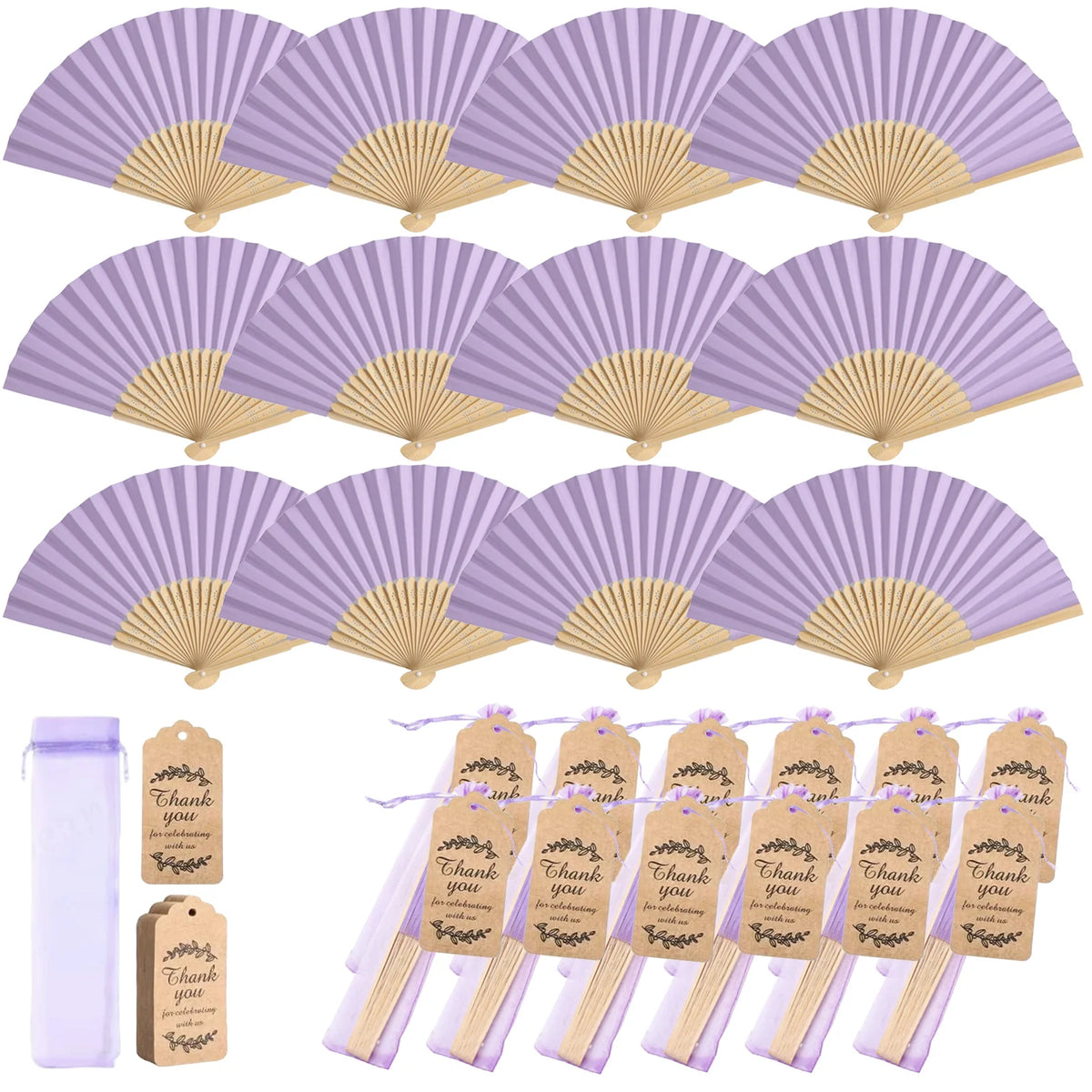 Elegant paper hand fans with gift bags and thank you cards displayed together.