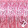 A close-up of a pink metallic foil tassel backdrop set with shimmering pink strands.