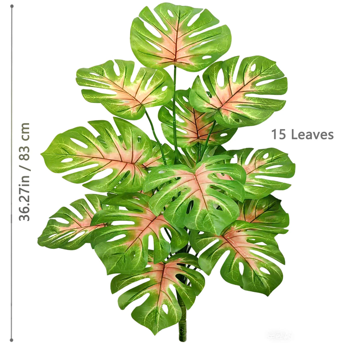 Artificial Monstera plant with 15 silk green and pink leaves shown against a white background.
