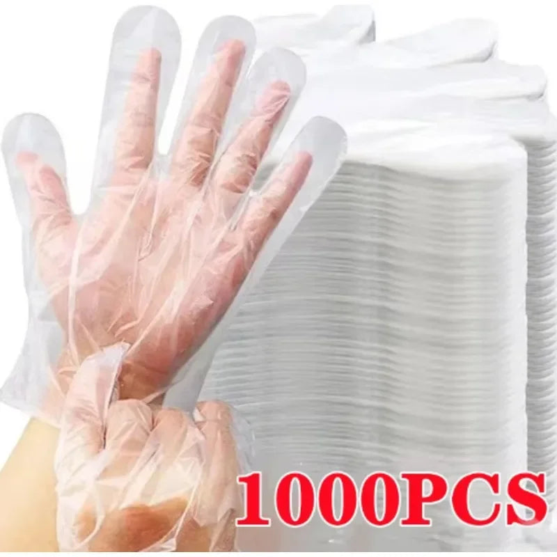A hand wearing a clear disposable plastic glove is shown next to a stack of white paper towels.