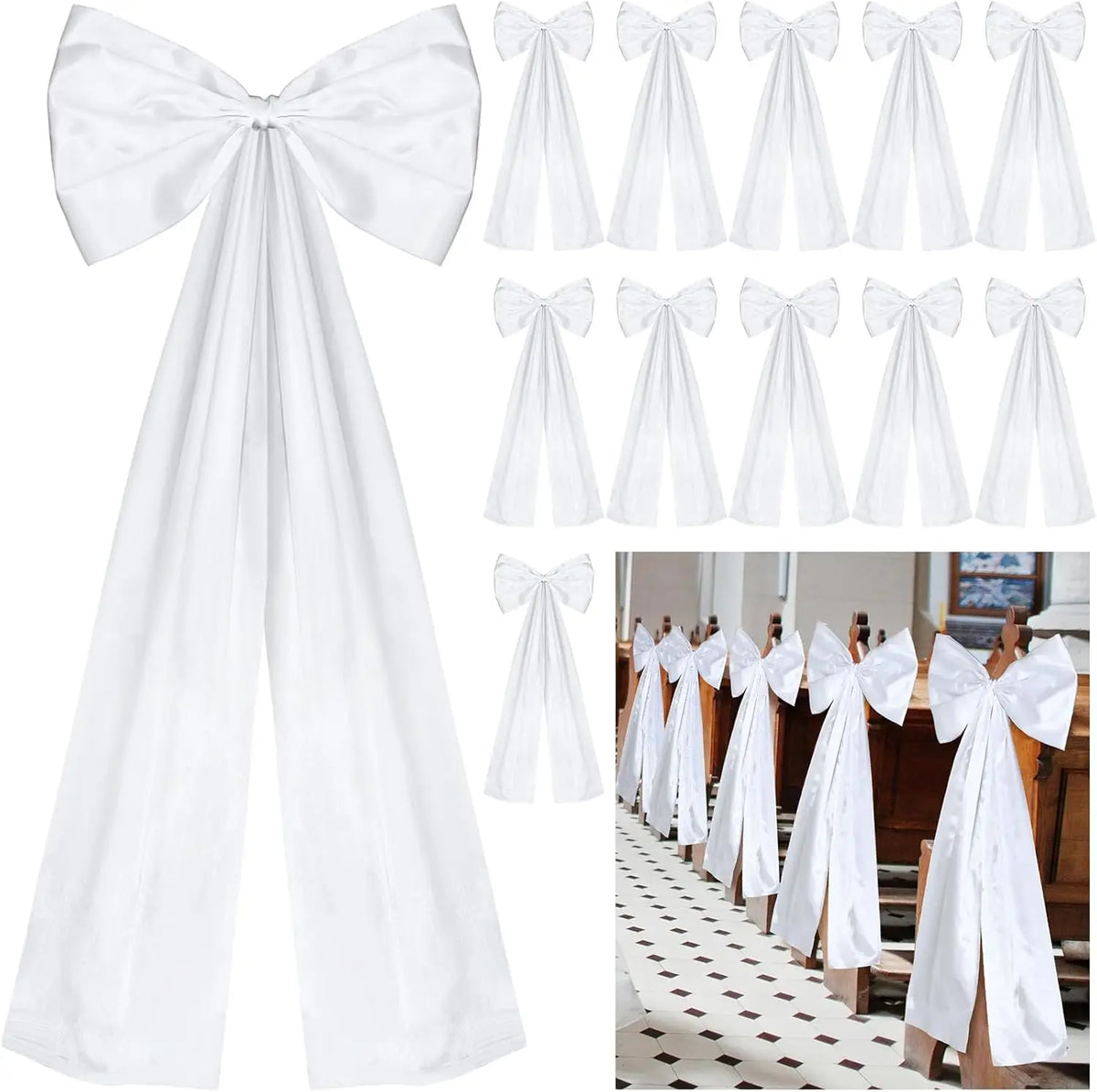 Nœuds de satin blanc pour mariages, disponibles en différentes tailles et styles pour événements nuptiaux