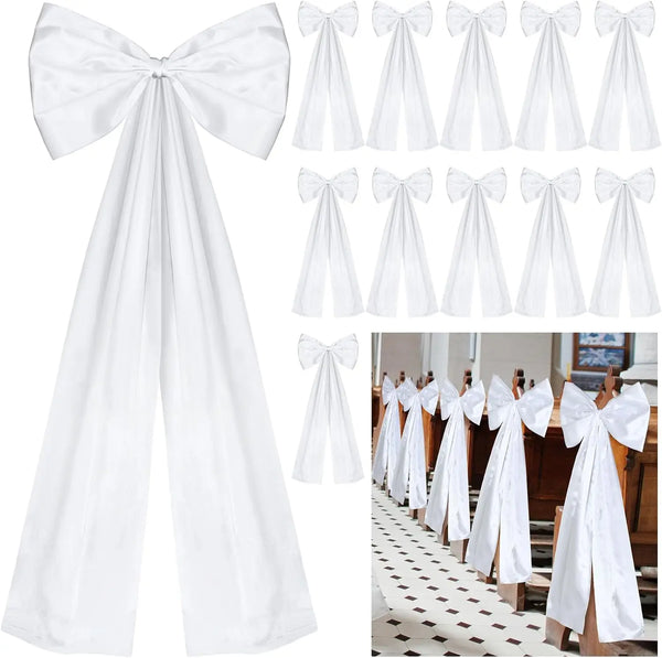 Lazos de satén blanco para bodas, mostrados en varios tamaños y estilos para eventos nupciales