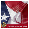 Close-up of a red, white, and blue fabric with stitched stripes and edges resembling an American flag.