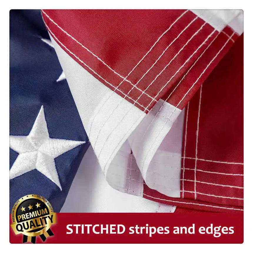 Close-up of a red, white, and blue fabric with stitched stripes and edges resembling an American flag.