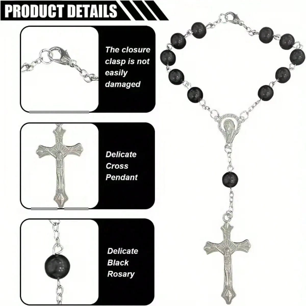 A set featuring an elegant black rosary cross pendant and a matching bracelet.