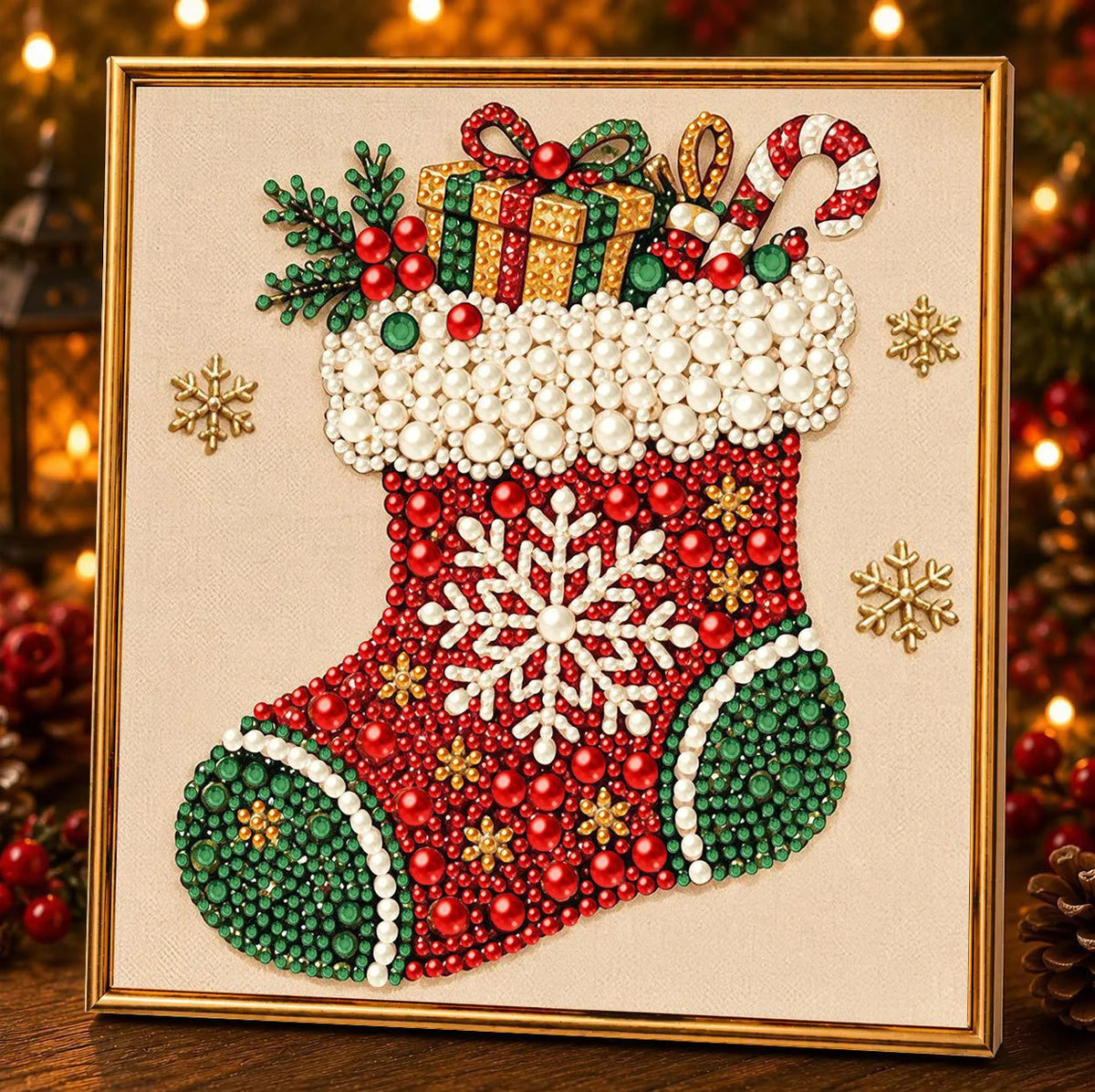 A framed diamond painting featuring a red and green Santa boot decorated with pearls, gems, and Christmas greenery.