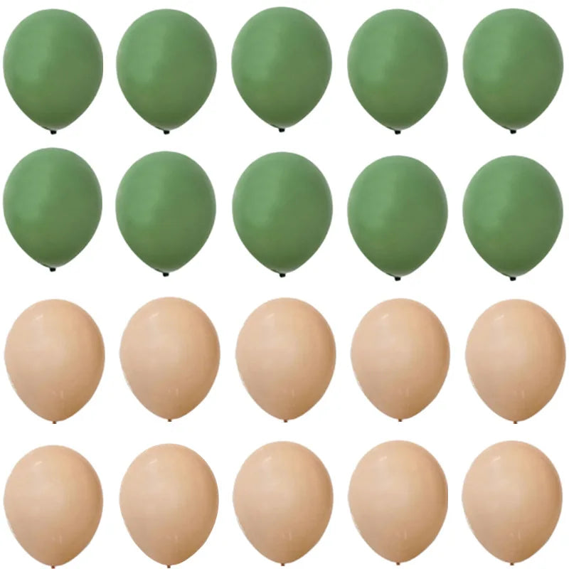 A set of sixteen matte olive green and nude colored balloons for birthday decor.