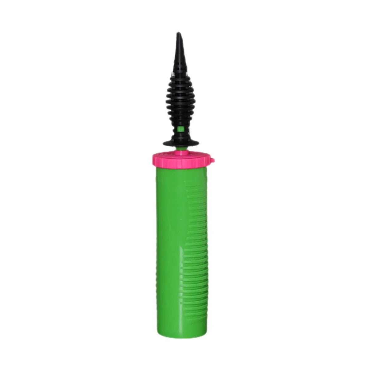 A green handheld balloon air pump with a black nozzle and pink cap.