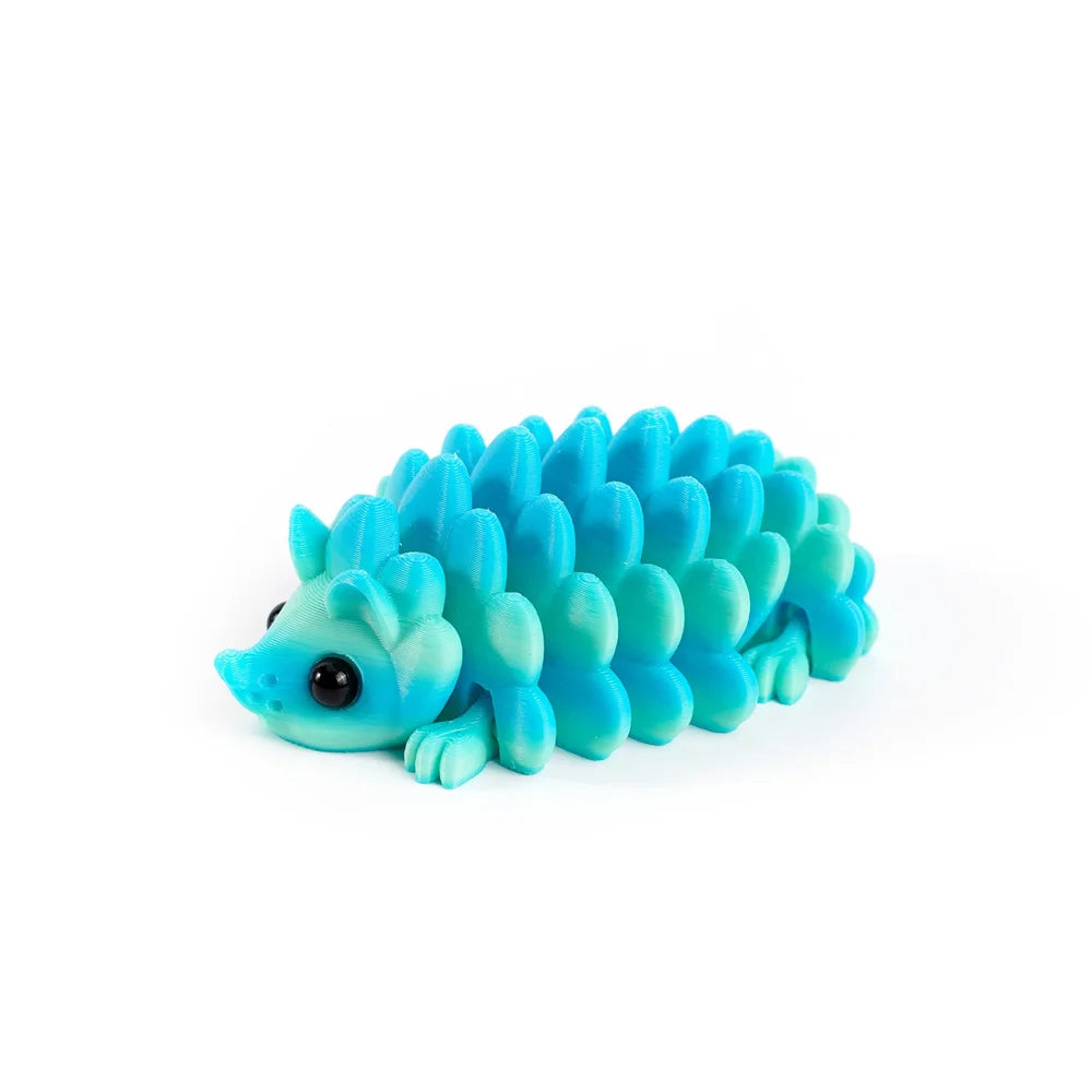 A bright blue and teal articulated 3D printed hedgehog figurine.