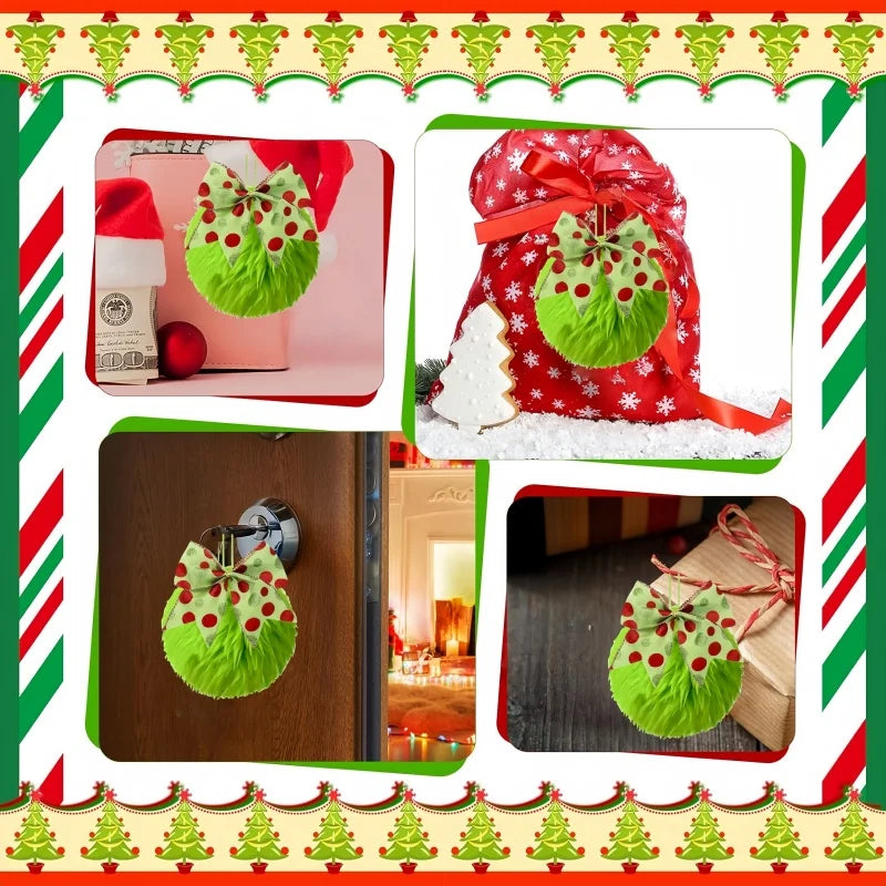 A set of twelve green faux fur Christmas ball ornaments with red bows displayed in various contexts.