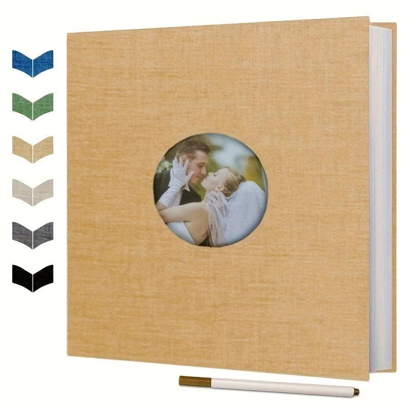 A DIY magnetic scrapbook album with a light brown cover and a circular photo insert showing a couple.