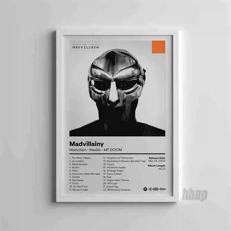 Black and white canvas art poster featuring a stylized mask portrait of MF DOOM