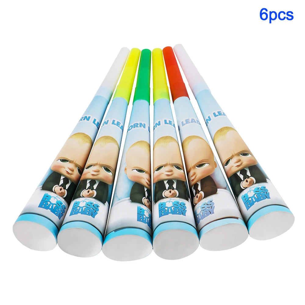 A set of six colorful baby boss themed disposable party decorations and tableware items.