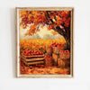 Oil painting of an autumn field with baskets of red fruit under a tree.