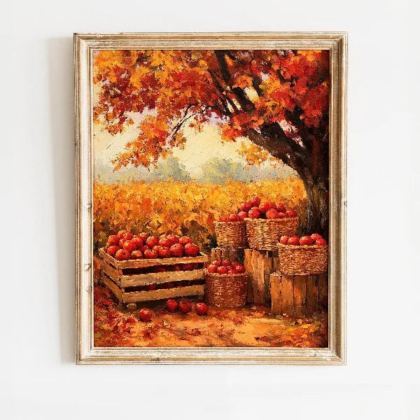 Oil painting of an autumn field with baskets of red fruit under a tree.