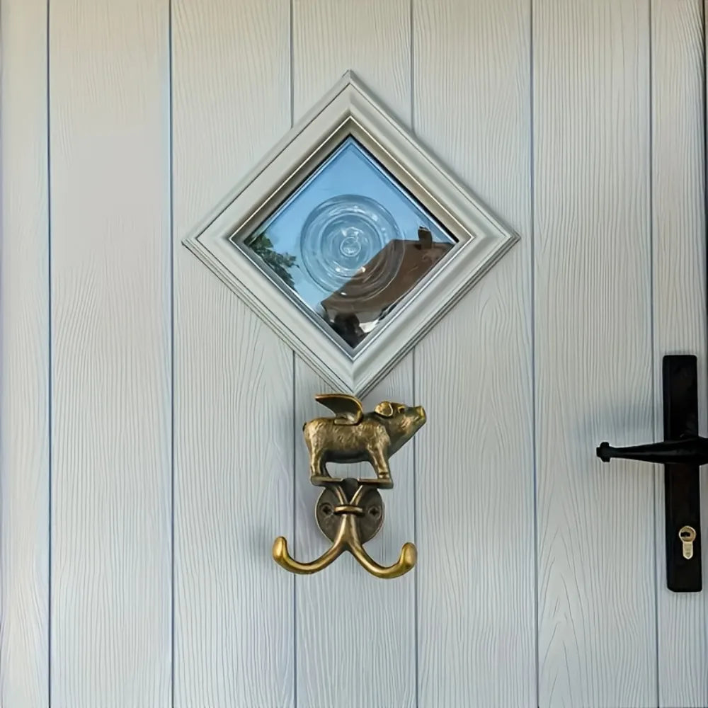 Decorative brass metal wall hooks featuring a ram head and a decorative glass plaque.