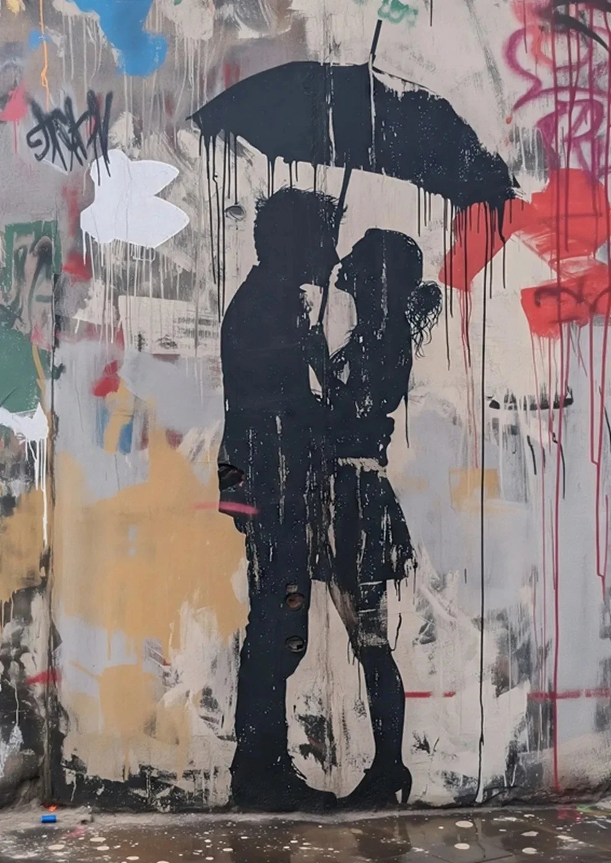 Graffiti art featuring a silhouette of two figures under a black umbrella on a textured wall.