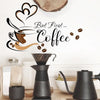 A wall sticker design featuring a steaming cup of coffee and coffee beans, suitable for kitchen or lounge decor.