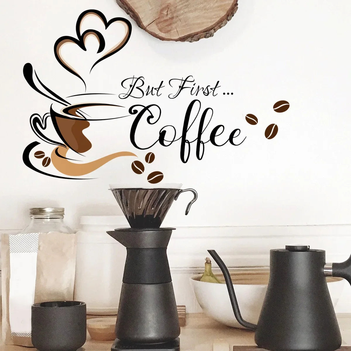 A wall sticker design featuring a steaming cup of coffee and coffee beans, suitable for kitchen or lounge decor.
