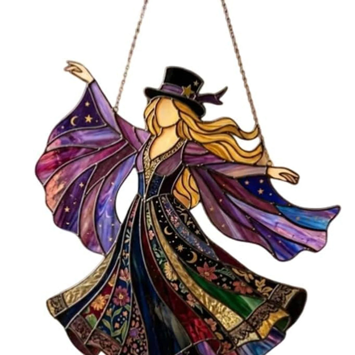 Acrylic hanging suncatcher of a dancing lady with purple and gold wings