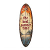 A wooden surfboard wall art featuring an orange and white design with the text the best summer time.