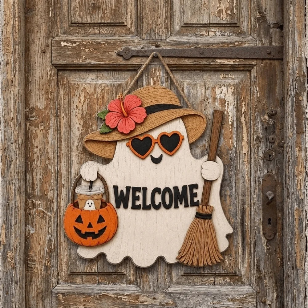 A wooden ghost door hanging featuring a witch hat design with an orange pumpkin and a welcome message