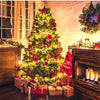 A decorated Christmas tree lit with warm LED string lights and surrounded by festive holiday decor.