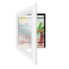 White magnetic front-open frame displaying colorful children's art and drawings.