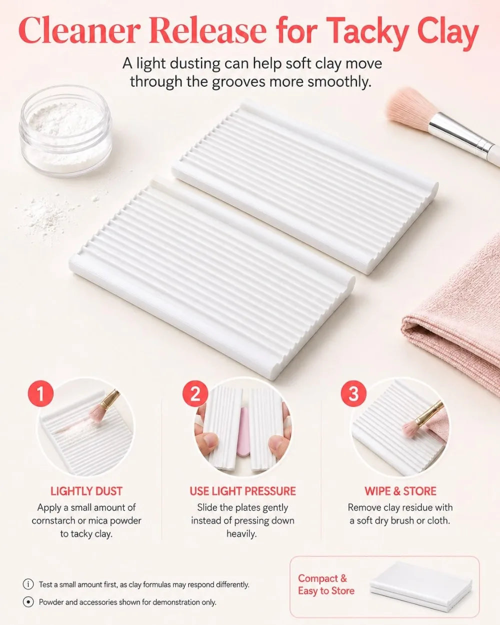 A set of white precision clay bead rollers and a pink dusting brush for cleaning tacky clay.