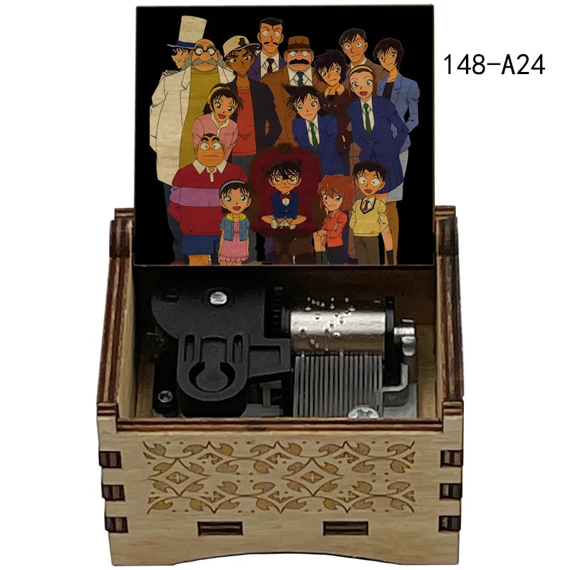 A wooden music box featuring an anime scene of Detective Conan characters.