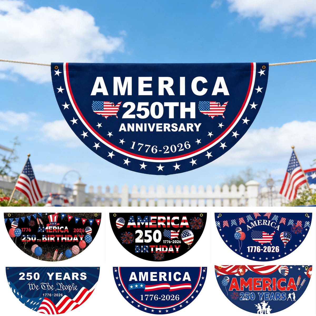 A banner flag celebrating America's 250th anniversary with stars and stripes on a blue background.