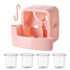 A pink portable ice-cooling floor fan with a handle and four blades shown next to several clear plastic cups.