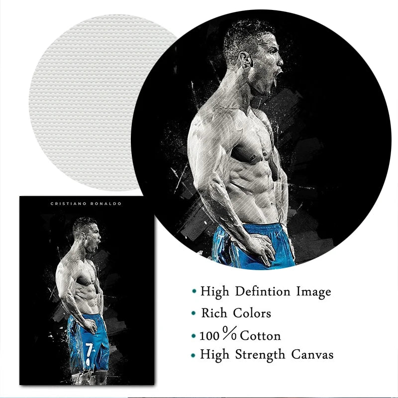 A black and white canvas print featuring a muscular football star in a dynamic pose.