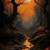 A dark, atmospheric landscape featuring a winding stream and silhouetted trees against an orange sunset sky with a bright moo