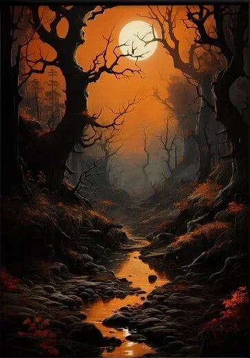 A dark, atmospheric landscape featuring a winding stream and silhouetted trees against an orange sunset sky with a bright moo