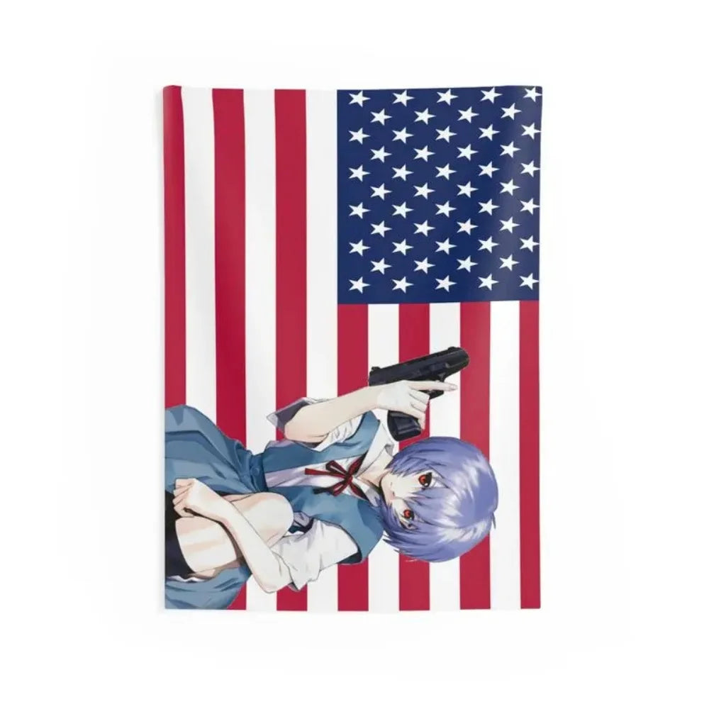 Ilustración de personaje de anime superpuesta en una tapicería de la bandera de Estados Unidos.