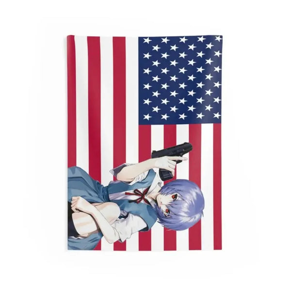 Anime girl character illustration superimposed on an American flag tapestry.