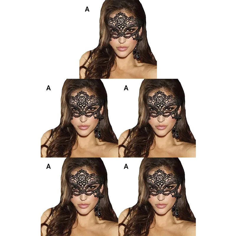 A woman wearing an elegant black lace masquerade mask for a costume party.