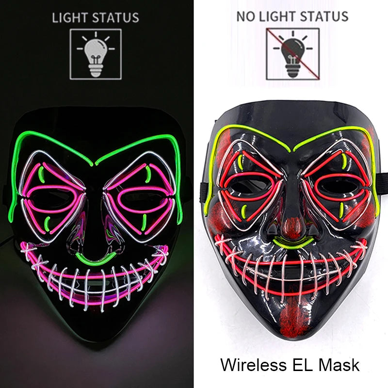 A black EL mask with neon wire details, showing both light and no light status options.
