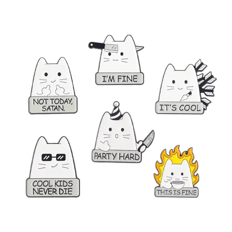 A set of enamel pins featuring cartoon cats with various expressions and themes like I'm fine, it's cool, and party hard.