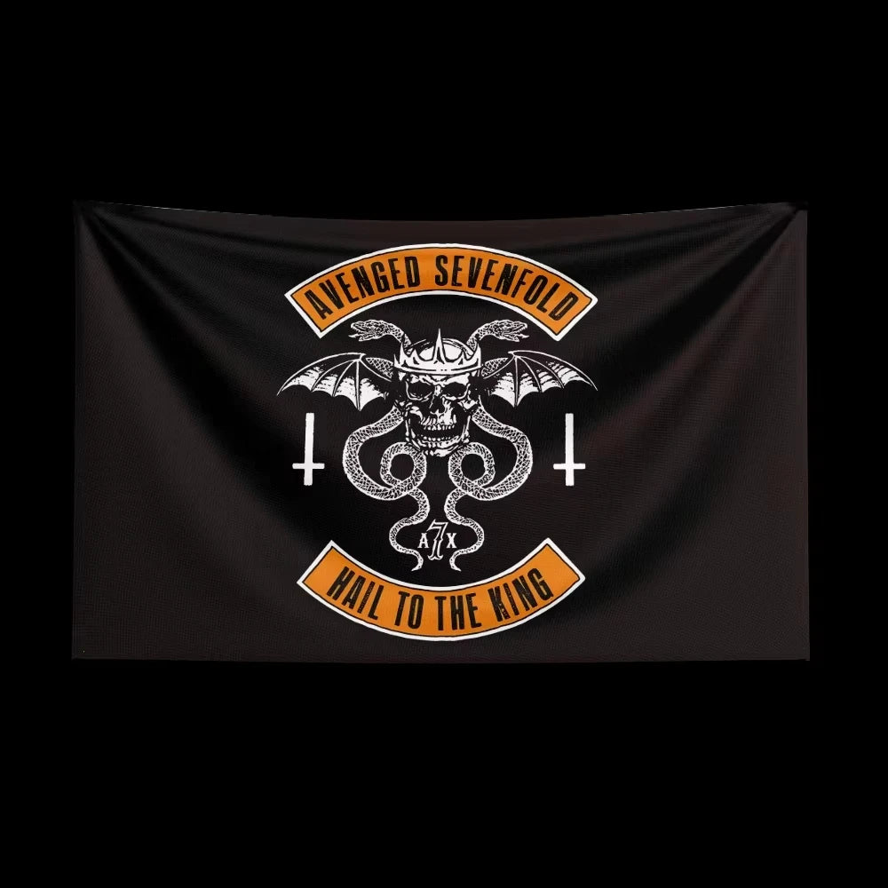 Black tapestry featuring a skull and bat emblem with text that reads Avenged Sevenfold Hail to the King