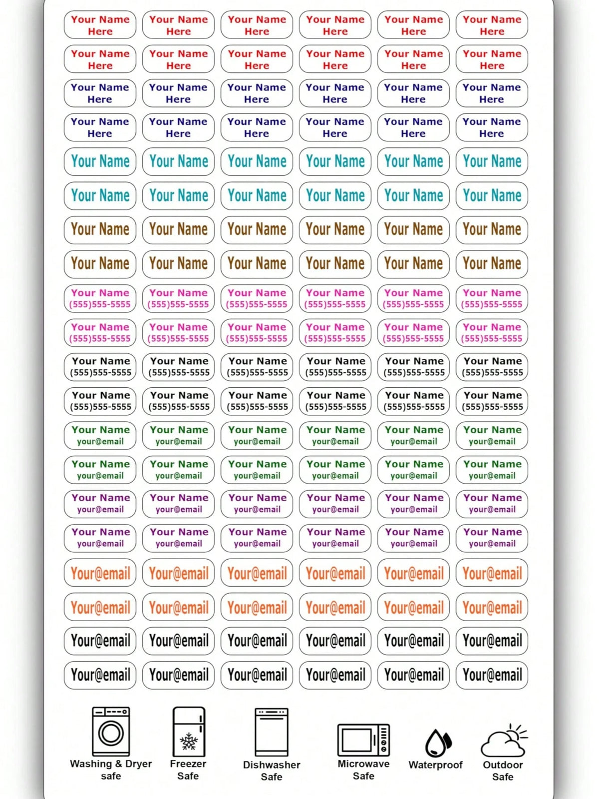 A set of waterproof customizable name tags and various household items including a washing and dryer safe, freezer safe, dish