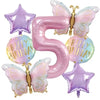 A set of seven pink and gold balloon decorations featuring the number five and butterfly shapes for a birthday party.
