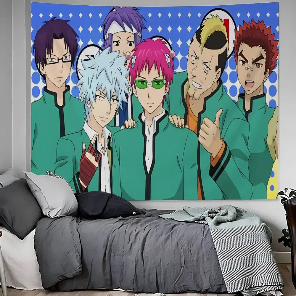 Anime tapestry wall hanging featuring six characters from The Disastrous Life of Saiki K.