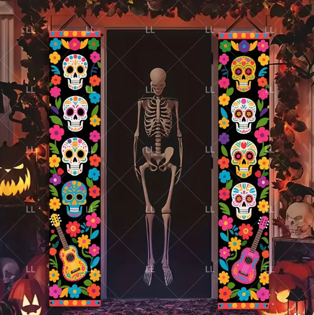 A vertical banner featuring colorful Mexican skull and floral motifs displayed in a doorway setting.