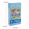 A box of 15 vehicle puzzles for kids featuring magnetic letter and number shapes.