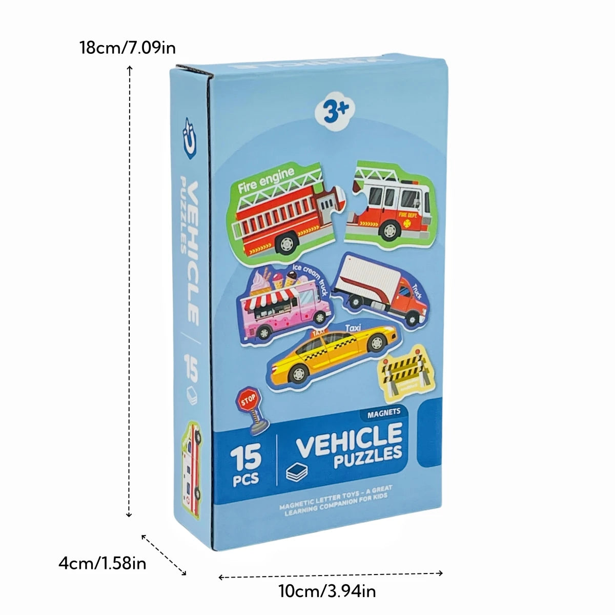 A box of 15 vehicle puzzles for kids featuring magnetic letter and number shapes.