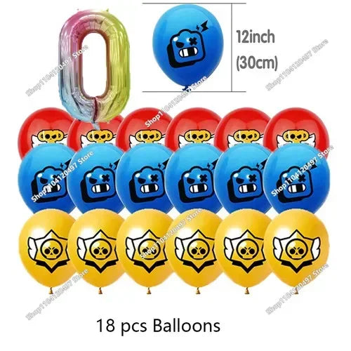 A set of 18 balloons featuring a happy birthday acrylic cake topper design in various colors and sizes.