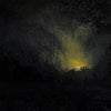 A dark, moody painting depicting a bright yellow glow emerging from the darkness of a forest scene.