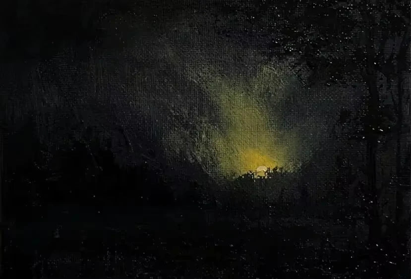 A dark, moody painting depicting a bright yellow glow emerging from the darkness of a forest scene.